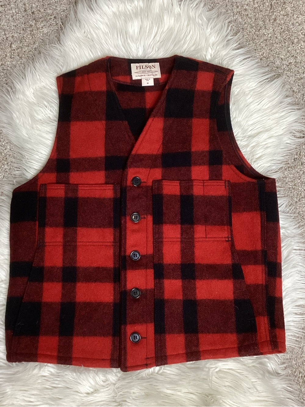 CC Filson Mackinaw Wool Vest Buffalo Plaid Red Black USA Med